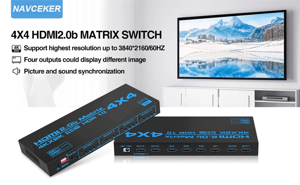 Conmutador matricial HDMI 4x4 visto desde arriba con conexiones