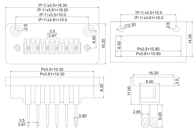 Detalle de bloque de terminales de 4 pines
