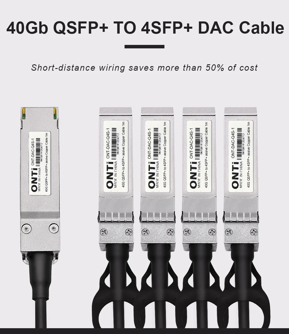 Cable ONTi QSFP+ a 4xSFP+ en gabinete de red
