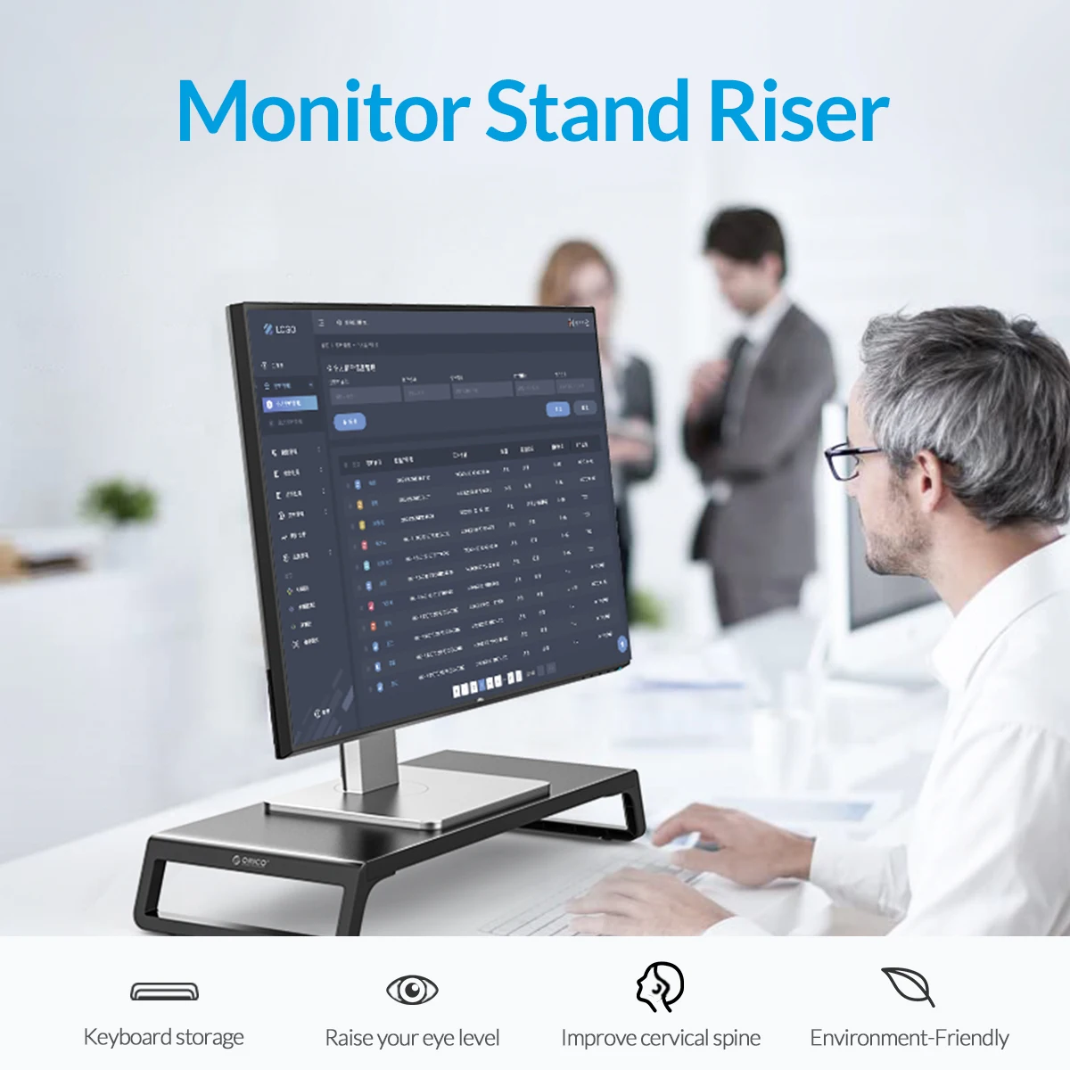 Soporte elevando monitor a altura ergonómica