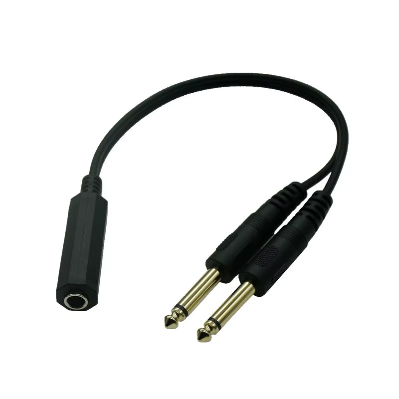 Cable de audio ángulo recto 6,35 mm TRS hembra a dos TS macho