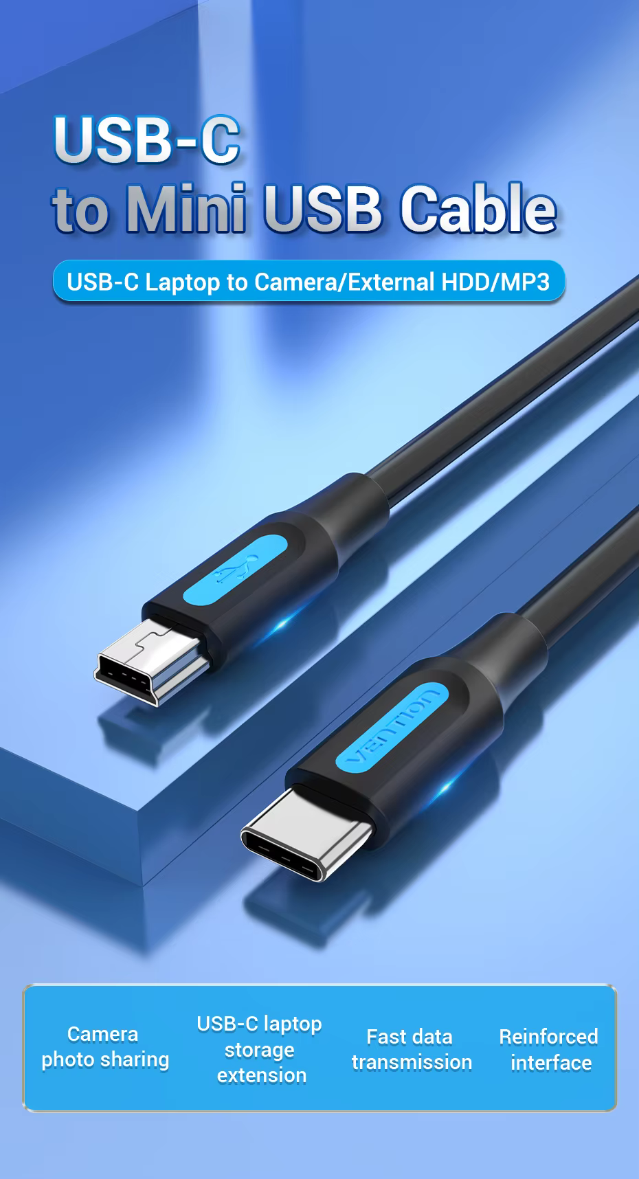 Cable USB‑C a Mini USB conectado a una cámara digital