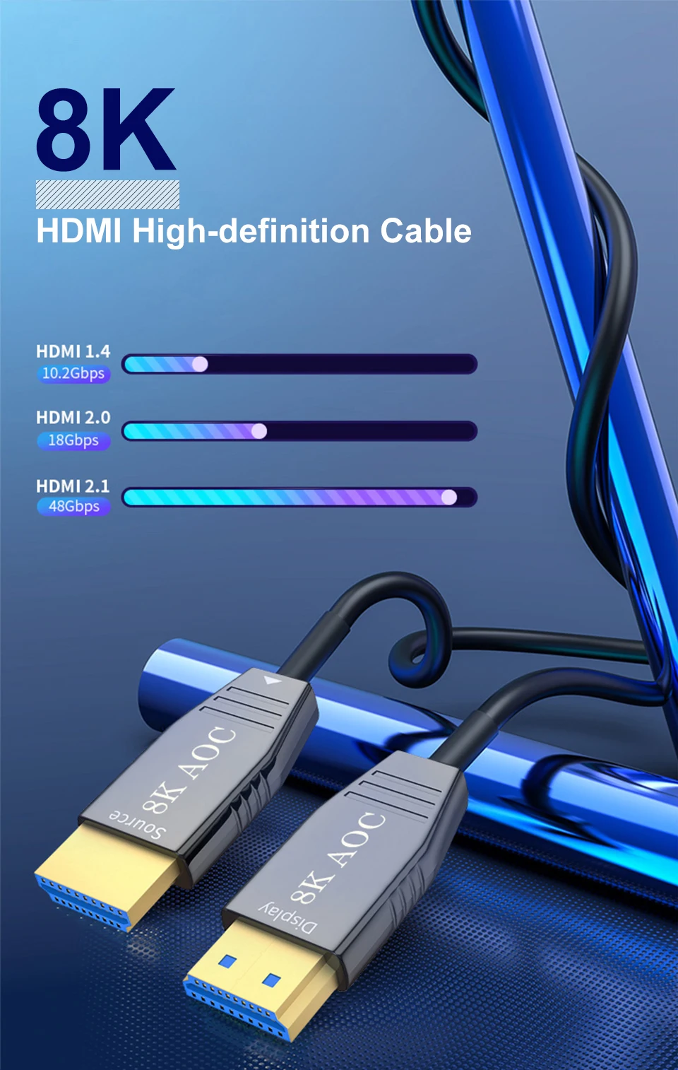 Cable ONTi de fibra óptica mostrando conectores HDMI