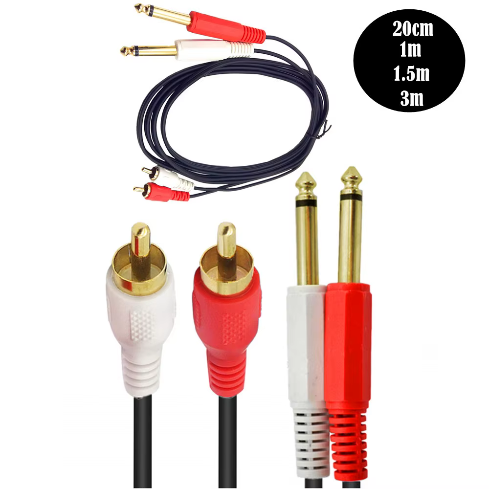 Detalle de conectores RCA y jack 6,35 mm