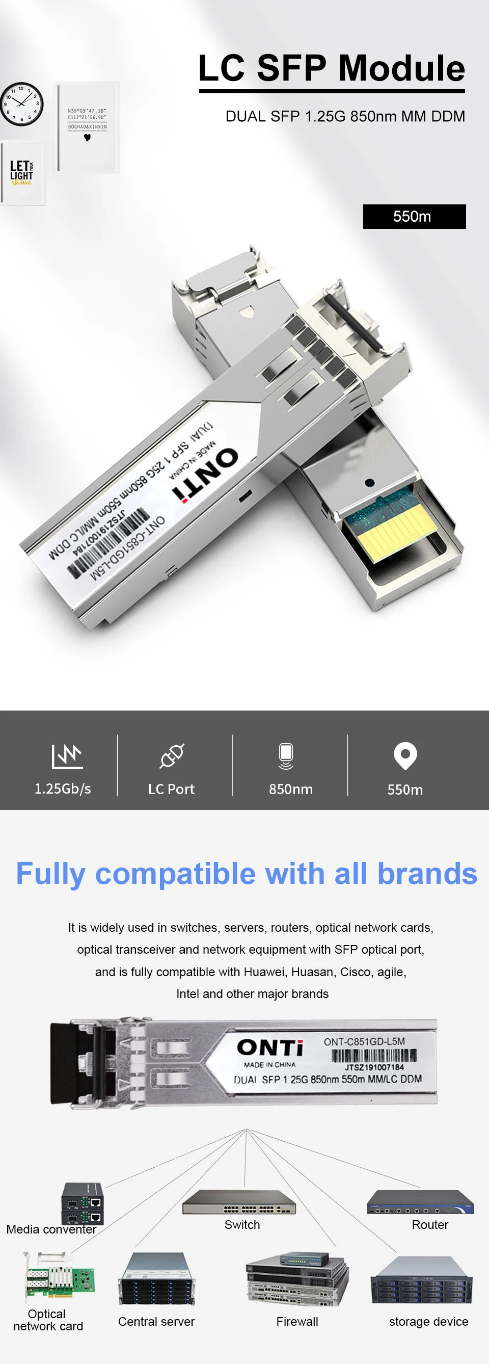 Módulo transceptor SFP LC multimodo ONTi 1,25G visto desde arriba