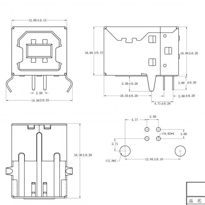 Conector USB tipo B hembra en placa PCB