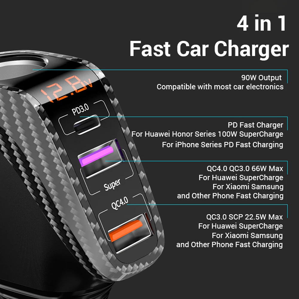 Cargador Coche 100W USB-C PD QC 4 Puertos – Carga Rápida Universal - imagen 2