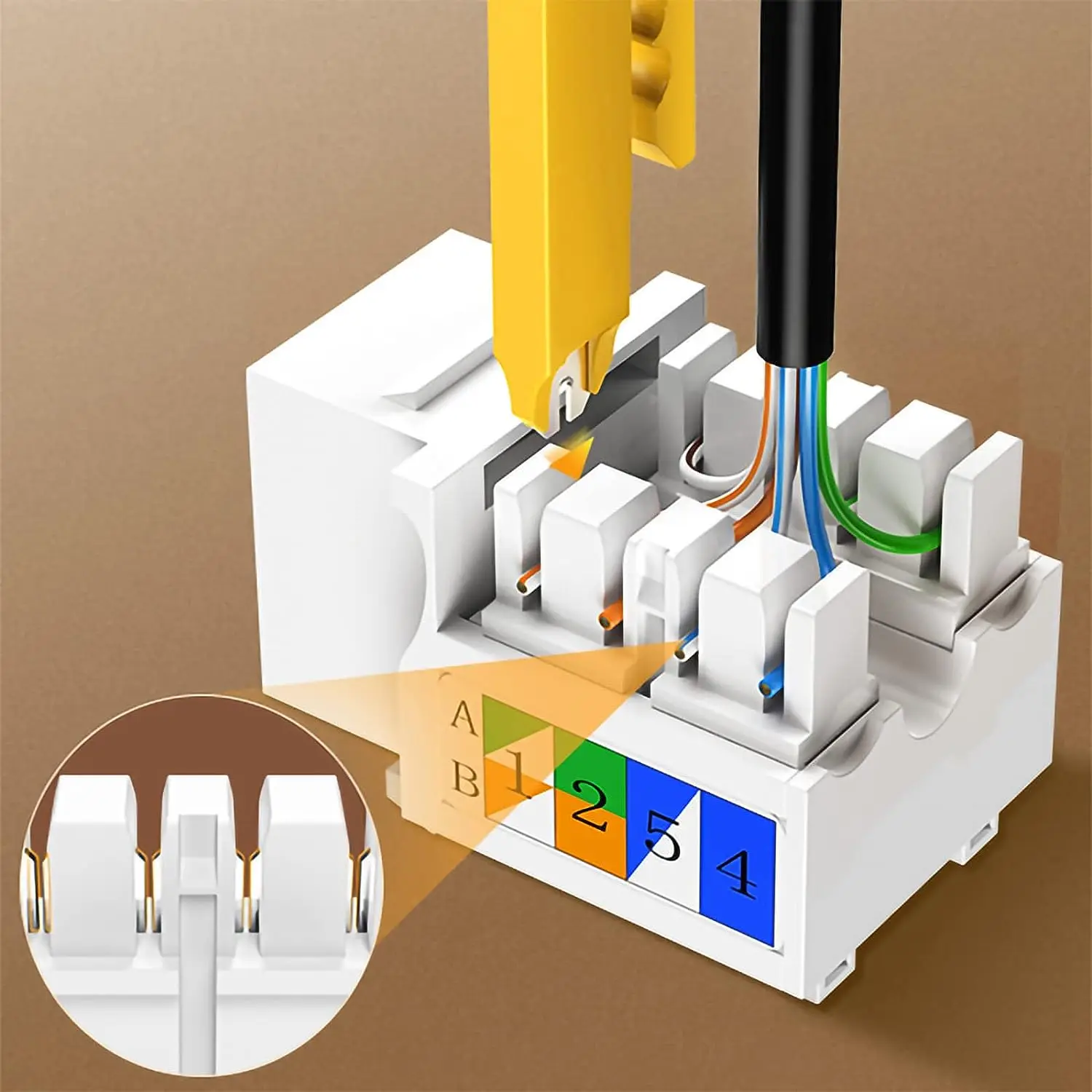 Detalle de contactos dorados y código de colores para cableado