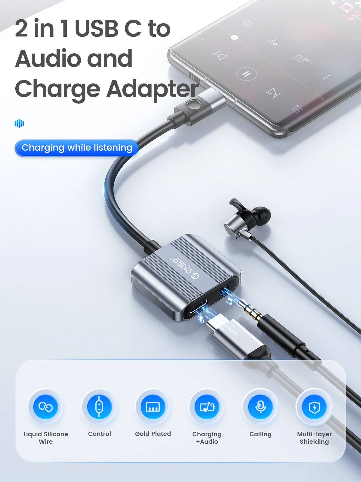 Adaptador USB-C a jack 3.5mm con connector de zinc y cable de silicona