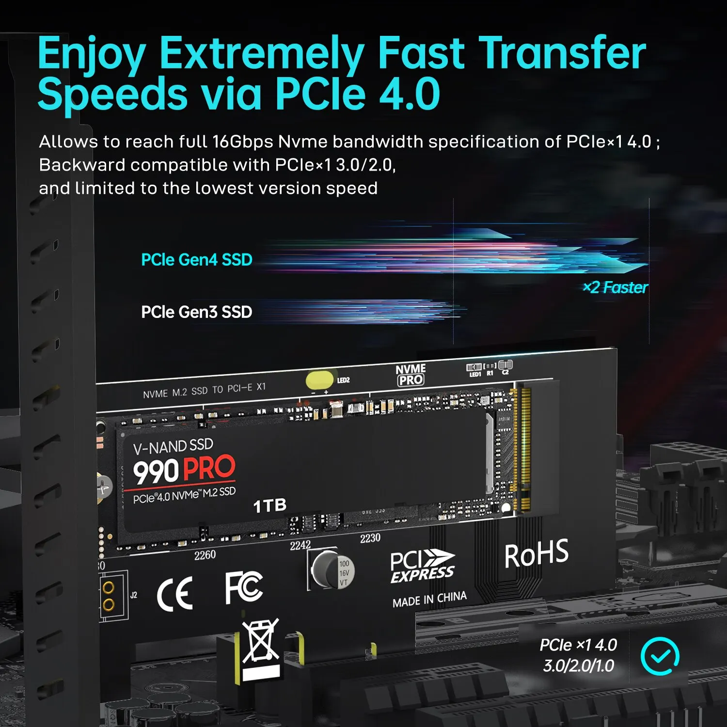 JEYI Adaptador M.2 NVMe SSD PCIe X1 Gen4 16Gbps 2280 para PC - imagen 4