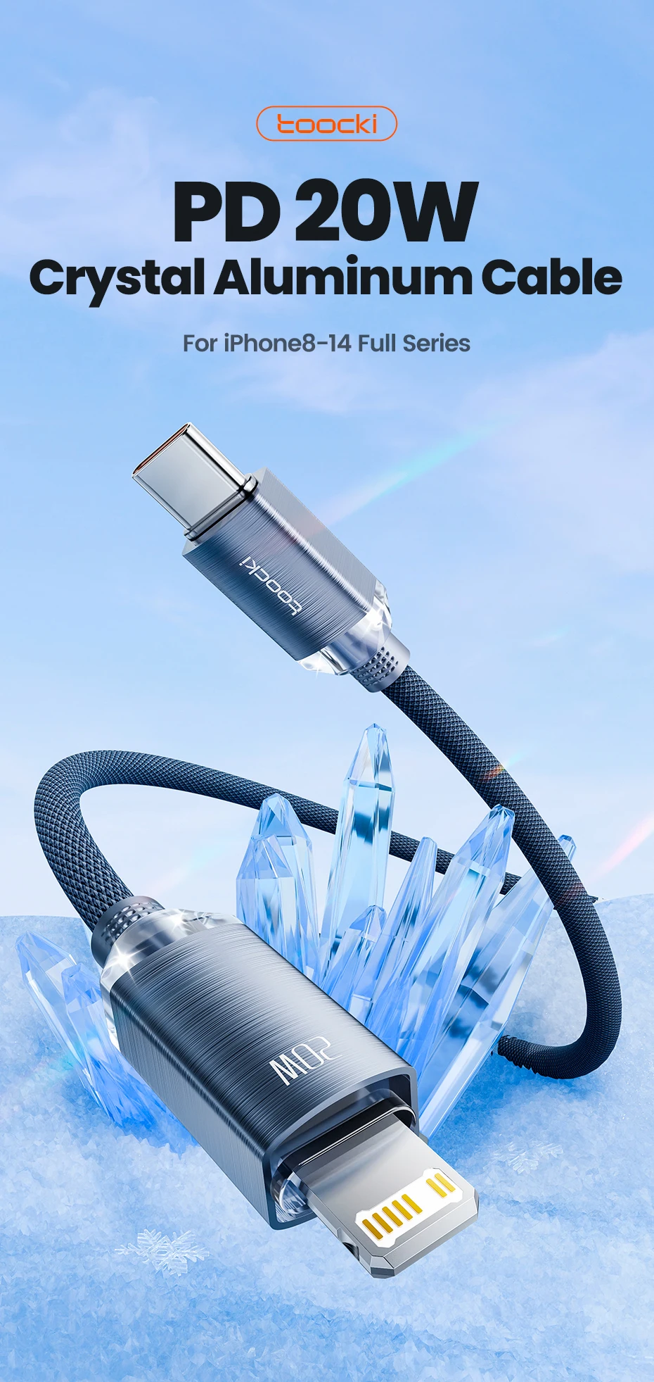 Vista frontal del cable con conector USB C y Lightning