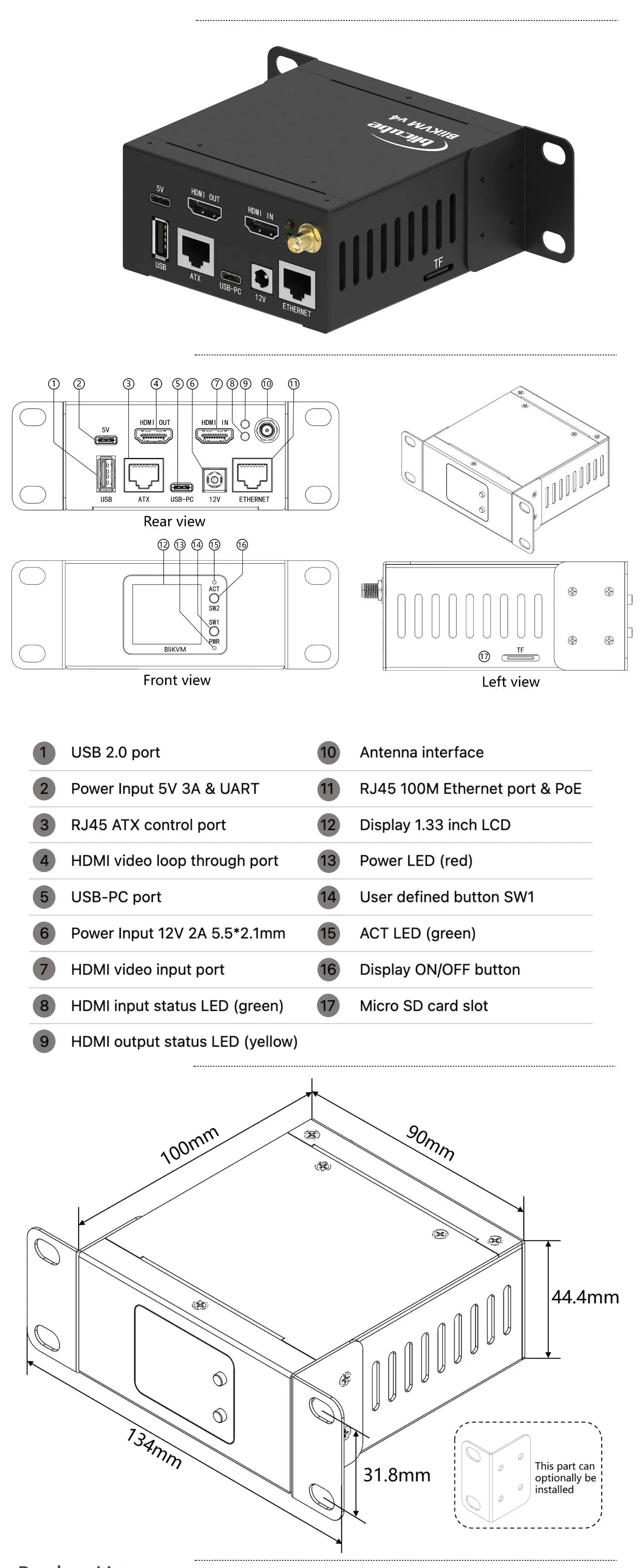 BliKVM V4 - Pantalla y detalles del panel