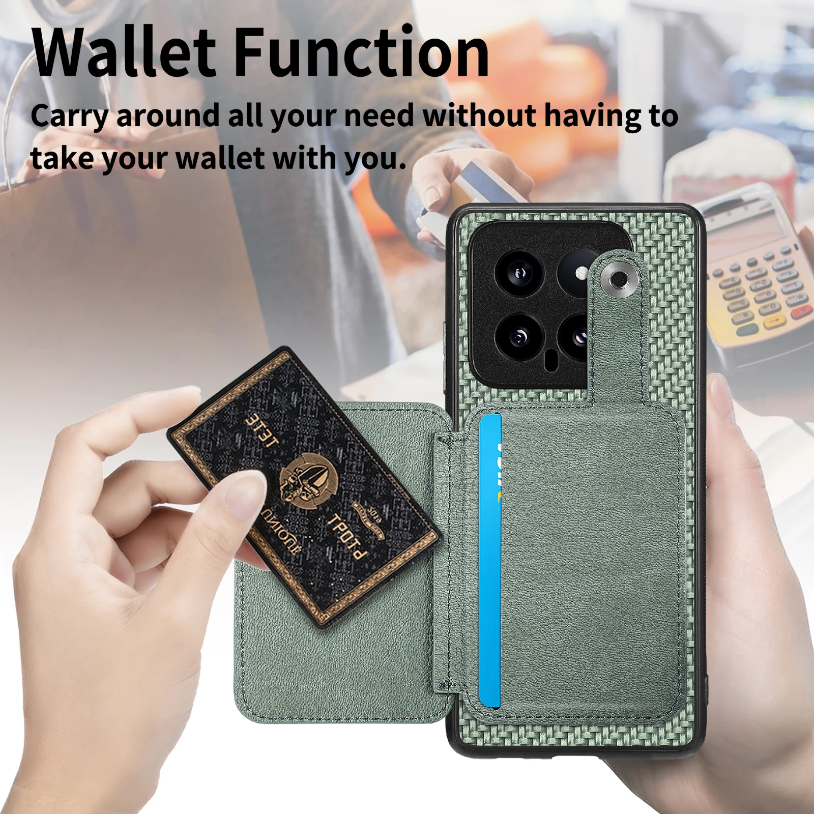 Interior abierto con varias tarjetas insertadas y el teléfono en posición vertical