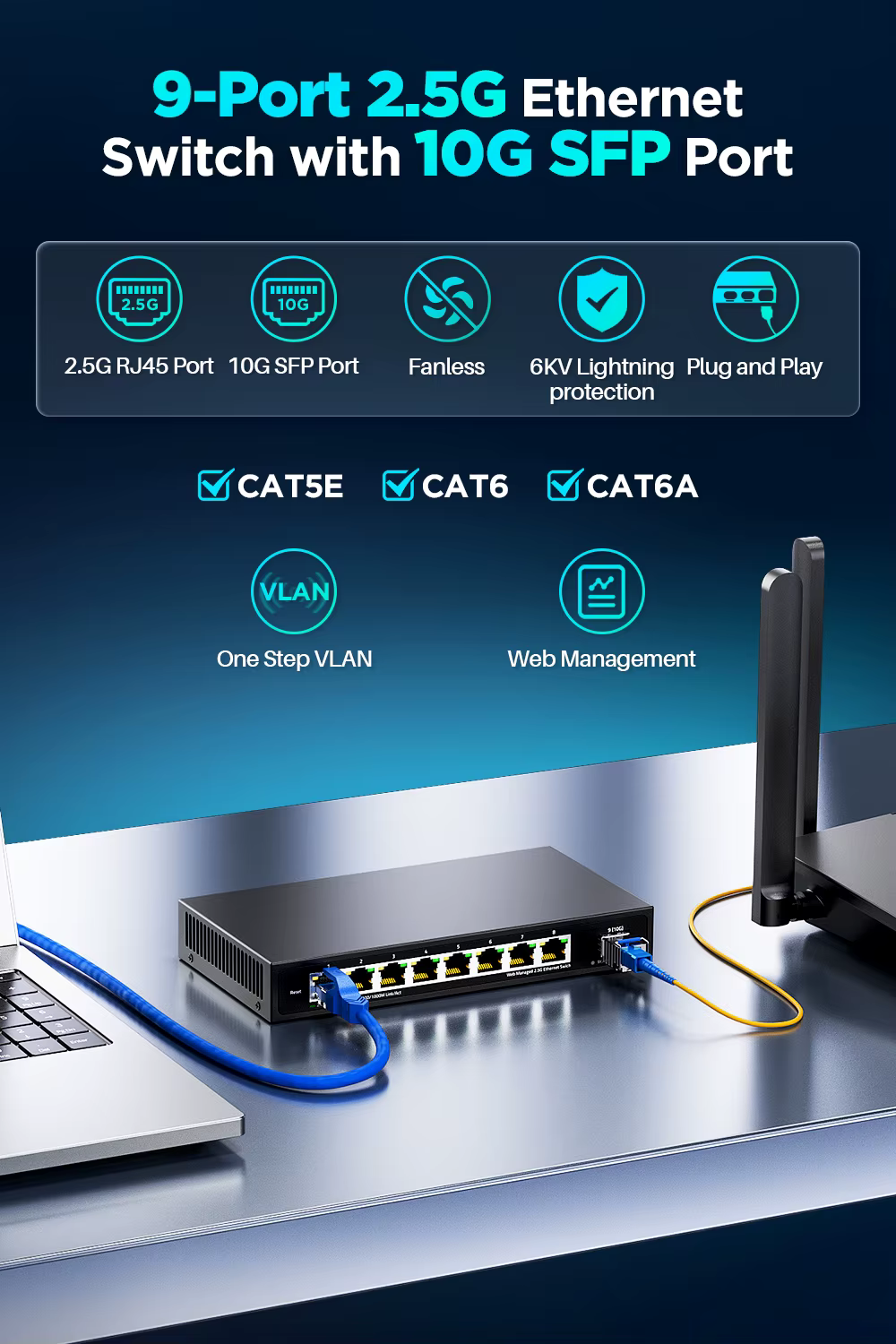 Conmutador AMPCOM gestionado con ocho puertos Ethernet y ranura SFP+