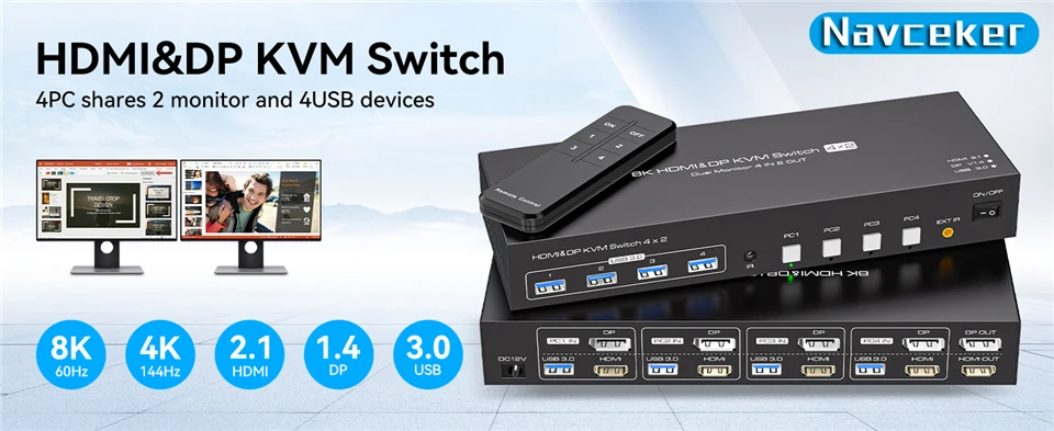 Conmutador KVM Navceker con panel frontal