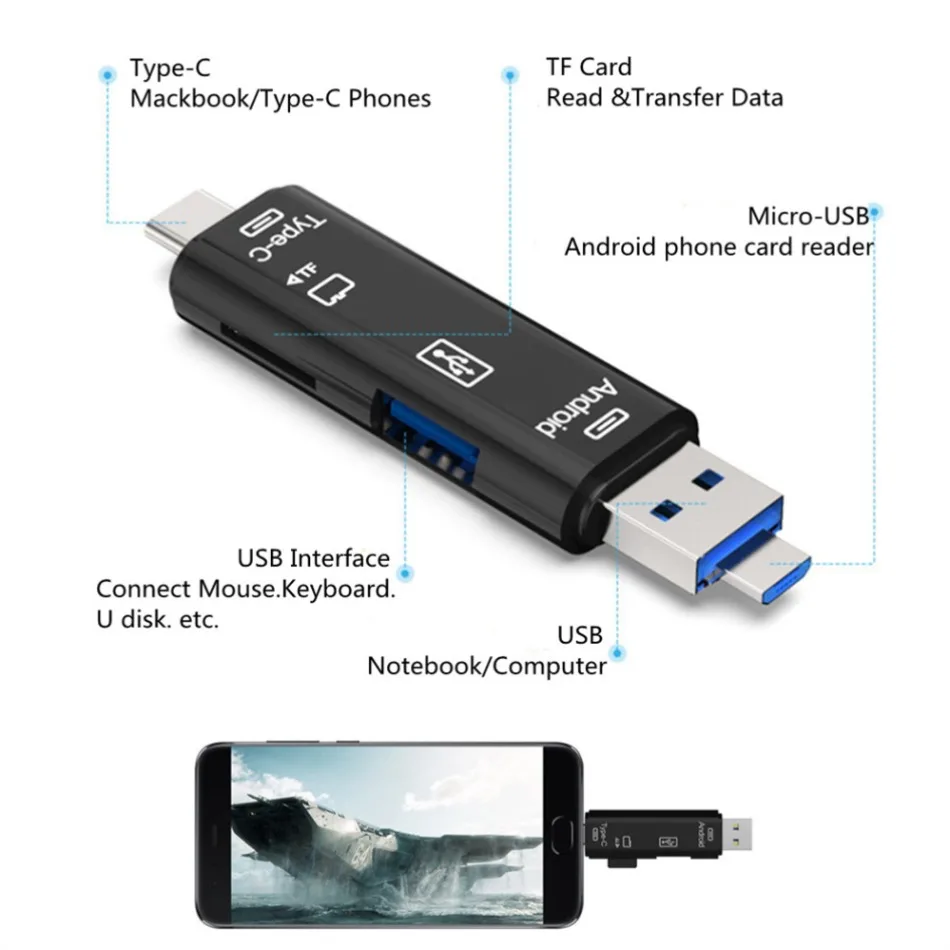 Lector de tarjetas OTG tipo C 5 en 1 con tres conectores