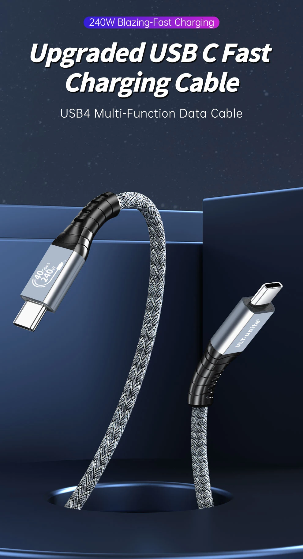 Cable Thunderbolt 4 enrollado mostrando su construcción premium