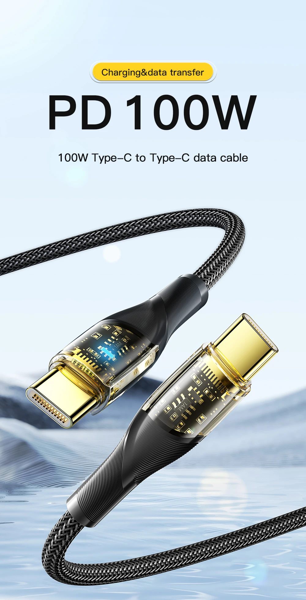 Cable USB C ESSAGER 100W visto desde connector USB-C
