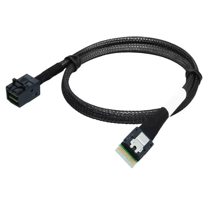 Vista del cable ensamblado con conectores Mini SAS HD