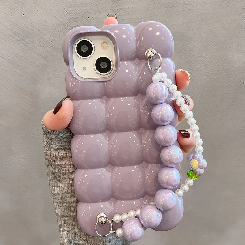 Funda de lujo con diseño de hielo 3D y pulsera de perlas