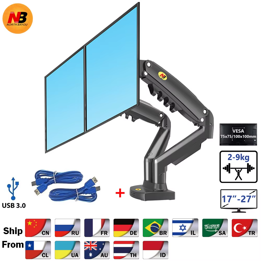 Brazo Monitor Dual Resorte Gas NB F160 – Soporte USB 3.0 para 17-27"