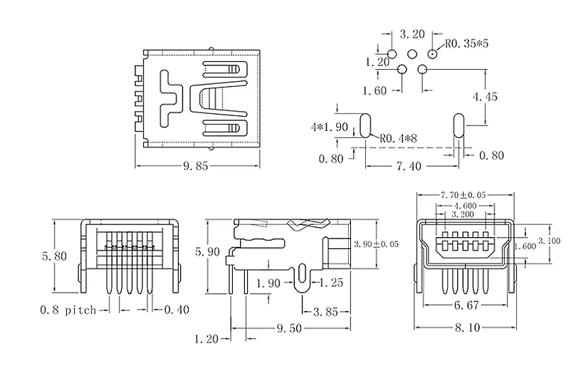 Conector USB tipo B SMT vista frontal