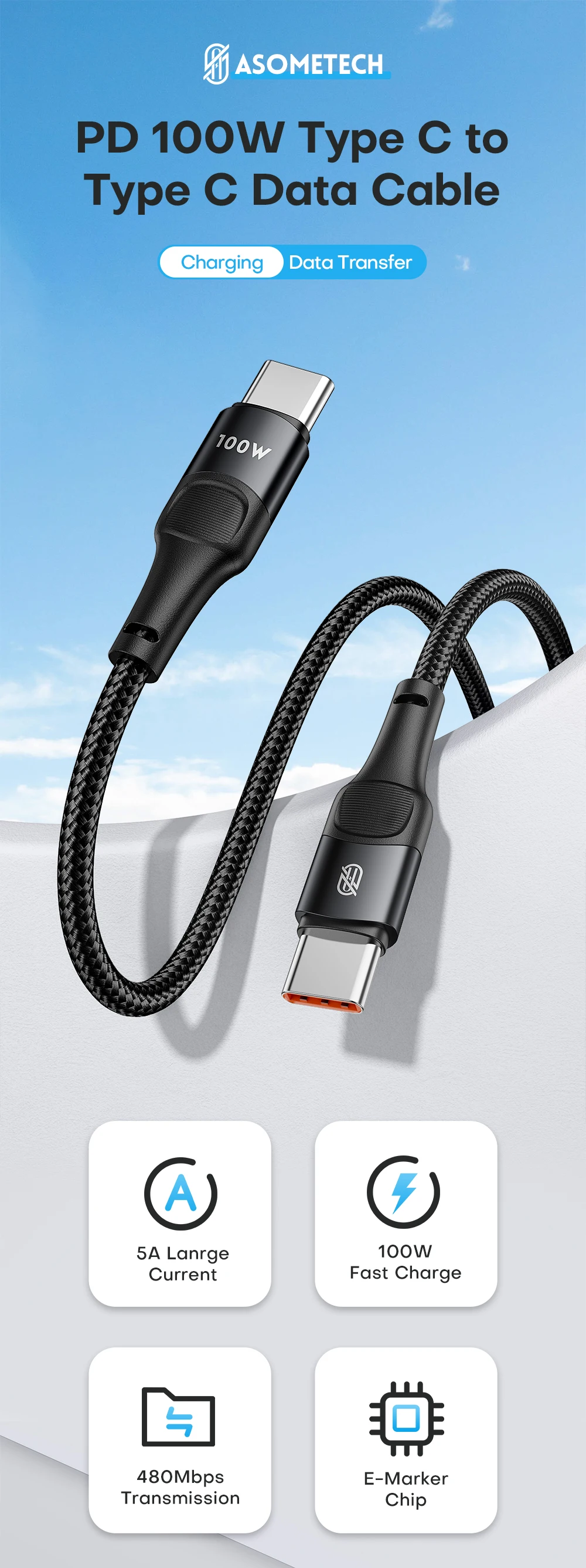 Cable trenzado ASOMETECH conectado a un portátil