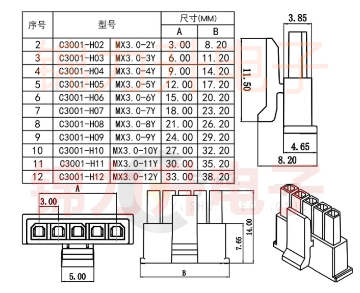 Conector MX 3,0mm serie 43645 vista frontal
