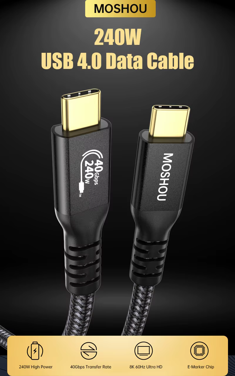 Cable MOSHOU USB-C conectado a MacBook Pro mostrando carga rápida