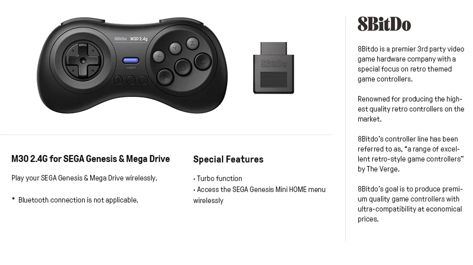 Controlador 8BitDo M30 visto desde arriba con receptor USB