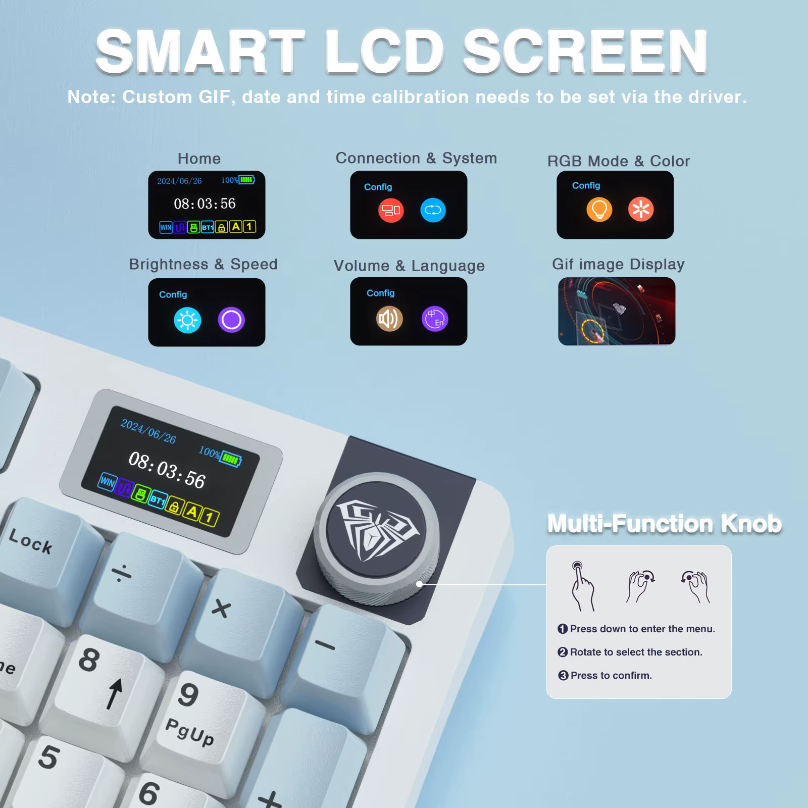 Detalle de la pantalla TFT y la perilla multifunción del teclado