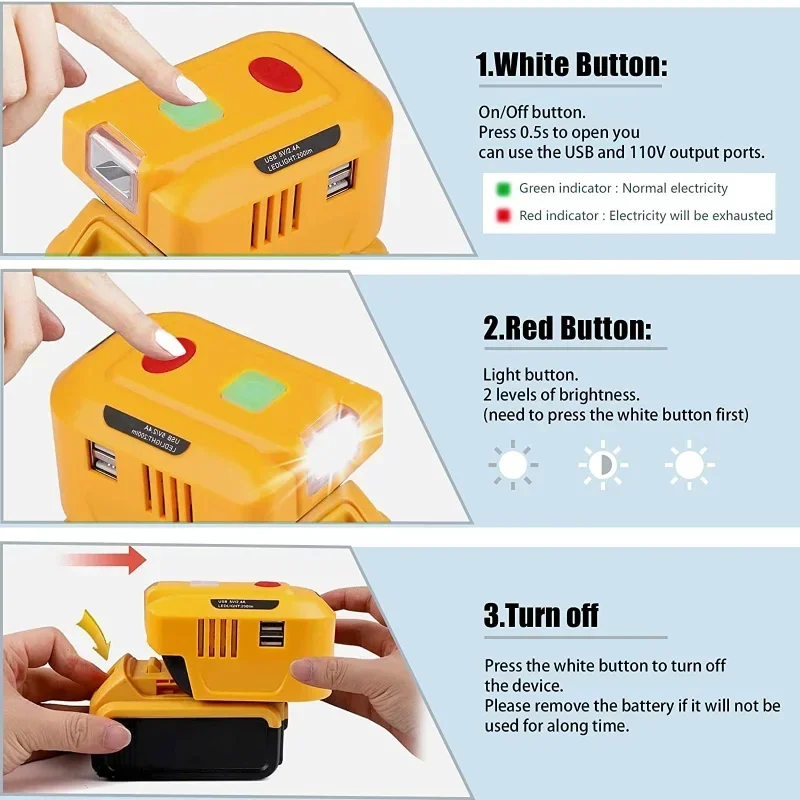 Inversor Dewalt 18-20V a AC 110V con USB para camping y herramientas - imagen 2