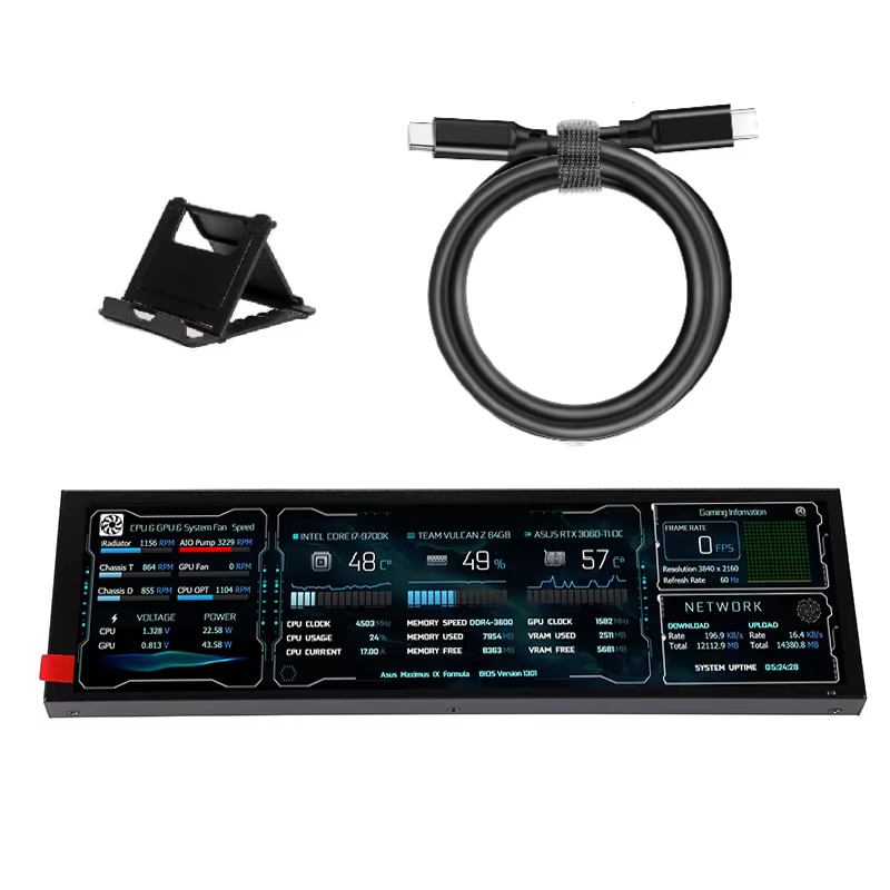 Contenido del paquete: pantalla, cable USB tipo C y soporte