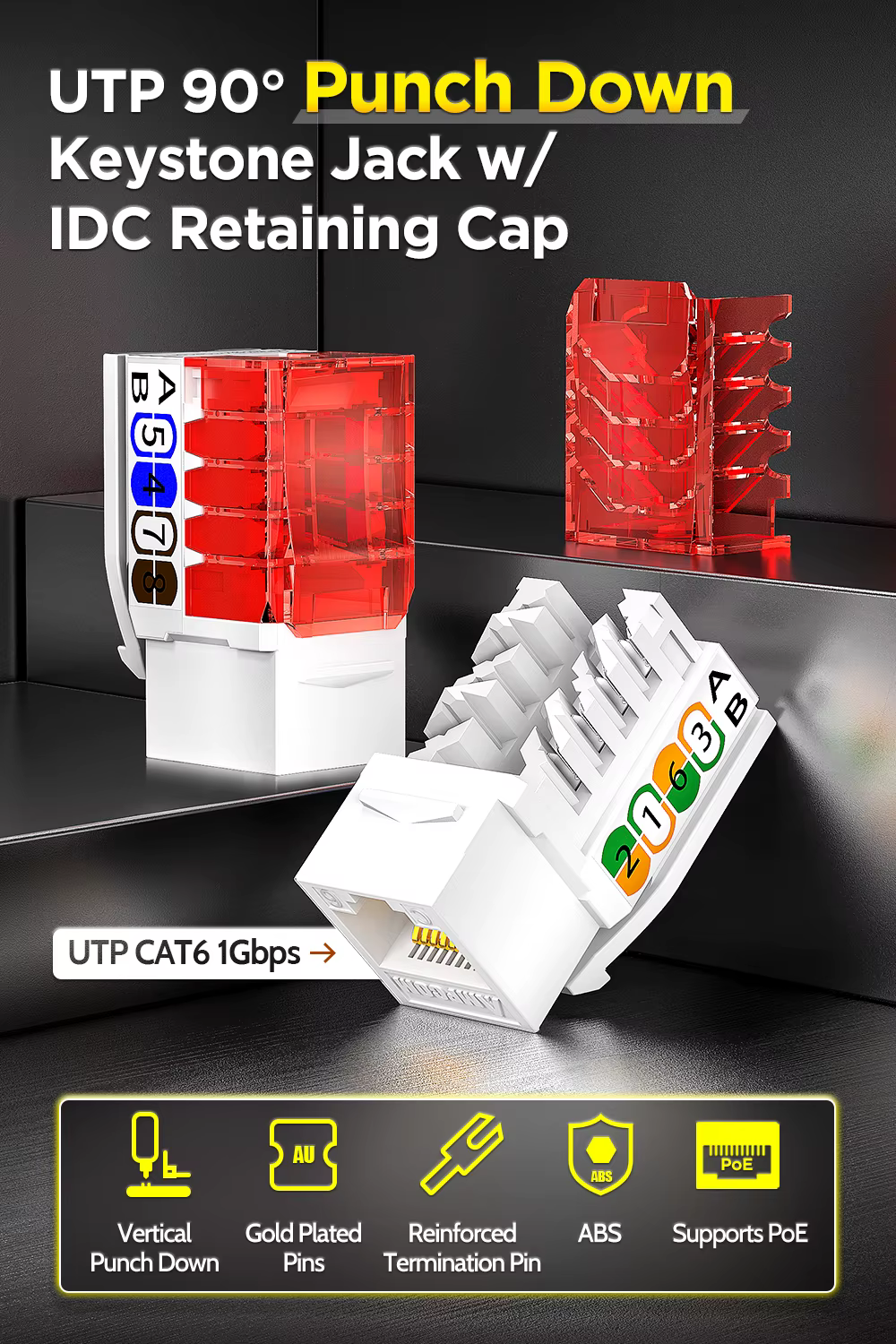 Conector keystone AMPCOM CAT6 UTP 90° con tapa de retención IDC