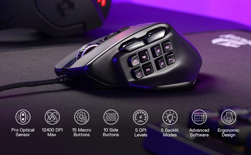 Ratón gaming RGB ergonómico con diseño para agarre natural