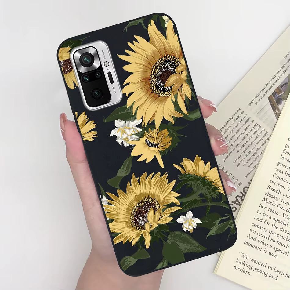 Funda con diseño de girasol y gato en vista frontal