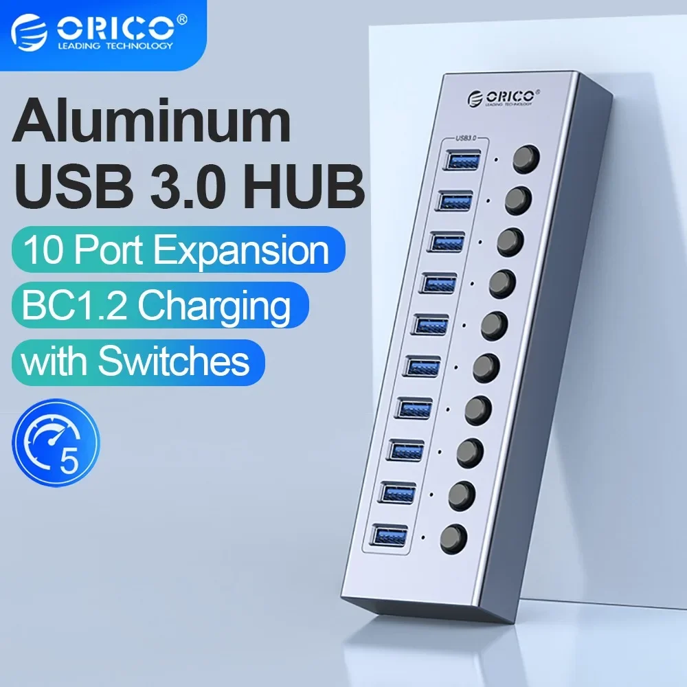 Hub USB 3.0 Orico Alimentado Aluminio con Interruptores para PC