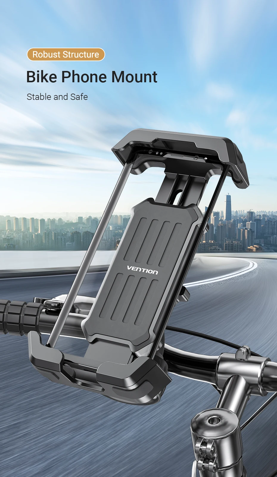 Soporte Vention instalado en el manillar de una bicicleta