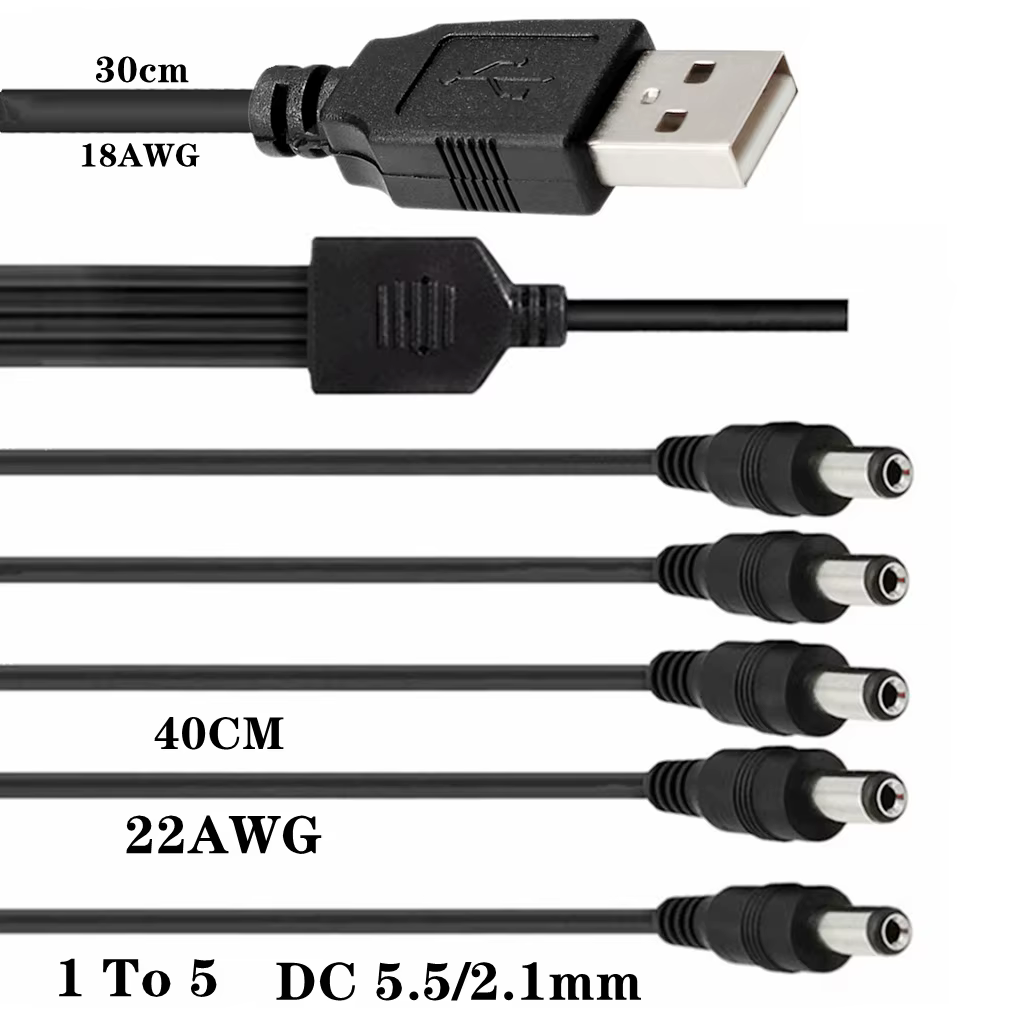 Vista frontal del cable USB a 5 Y 4 puertos mostrando los conectores DC