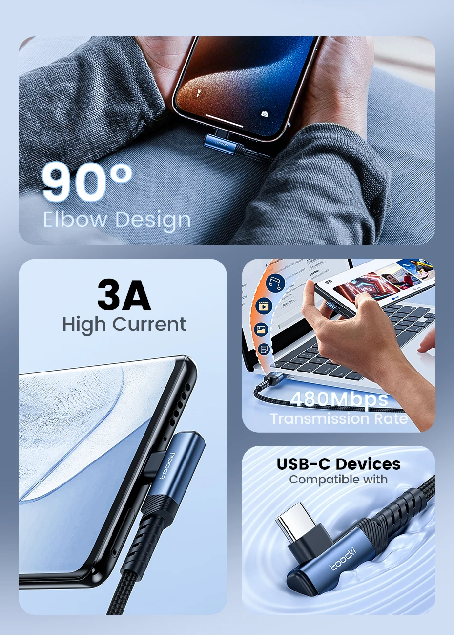 Detalle del conector USB-C acodado del cable de carga Toocki
