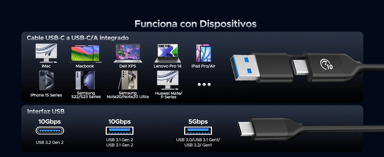Cable 2‑en‑1 conectado a un móvil