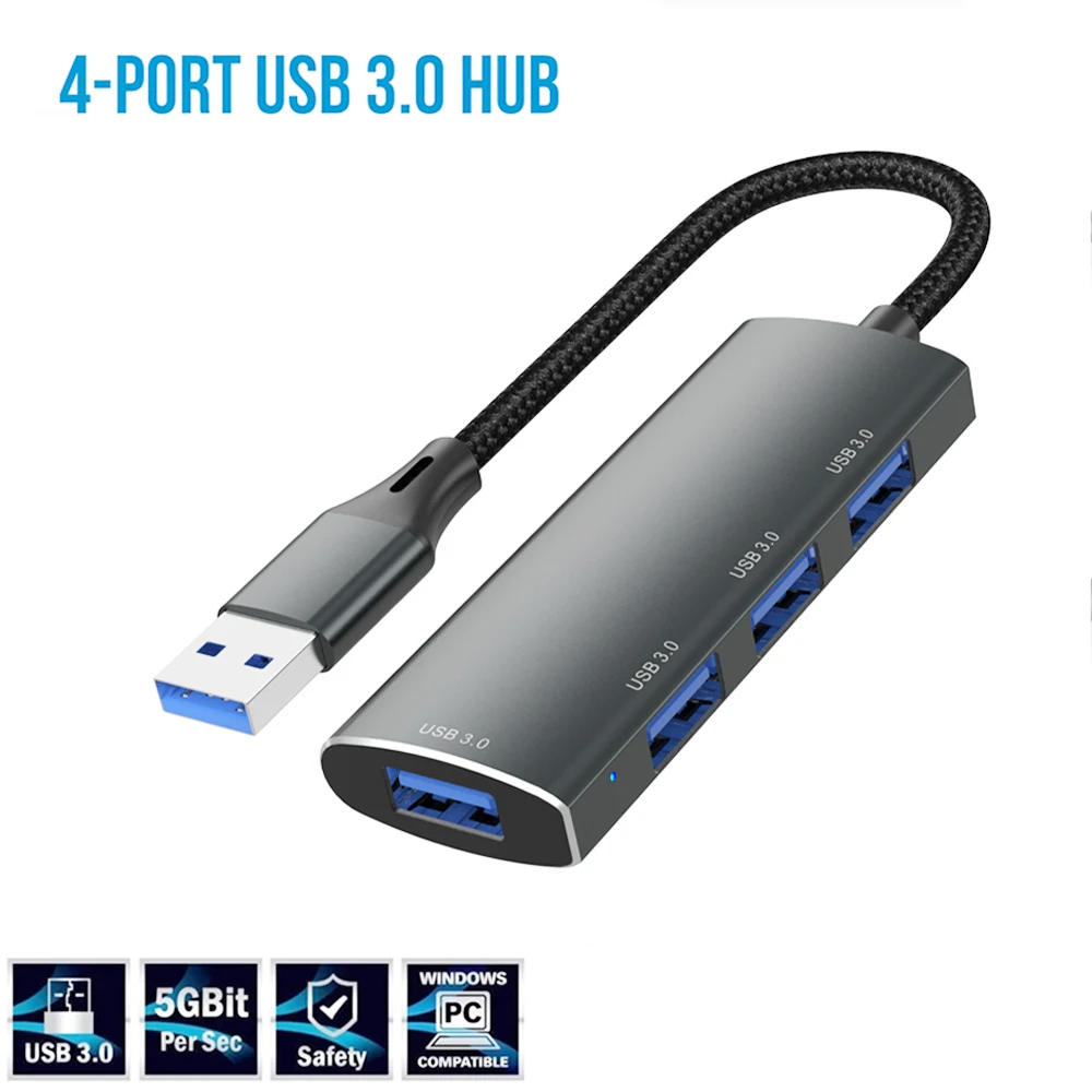 Vista frontal del concentrador mostrando los cuatro puertos USB 3.0
