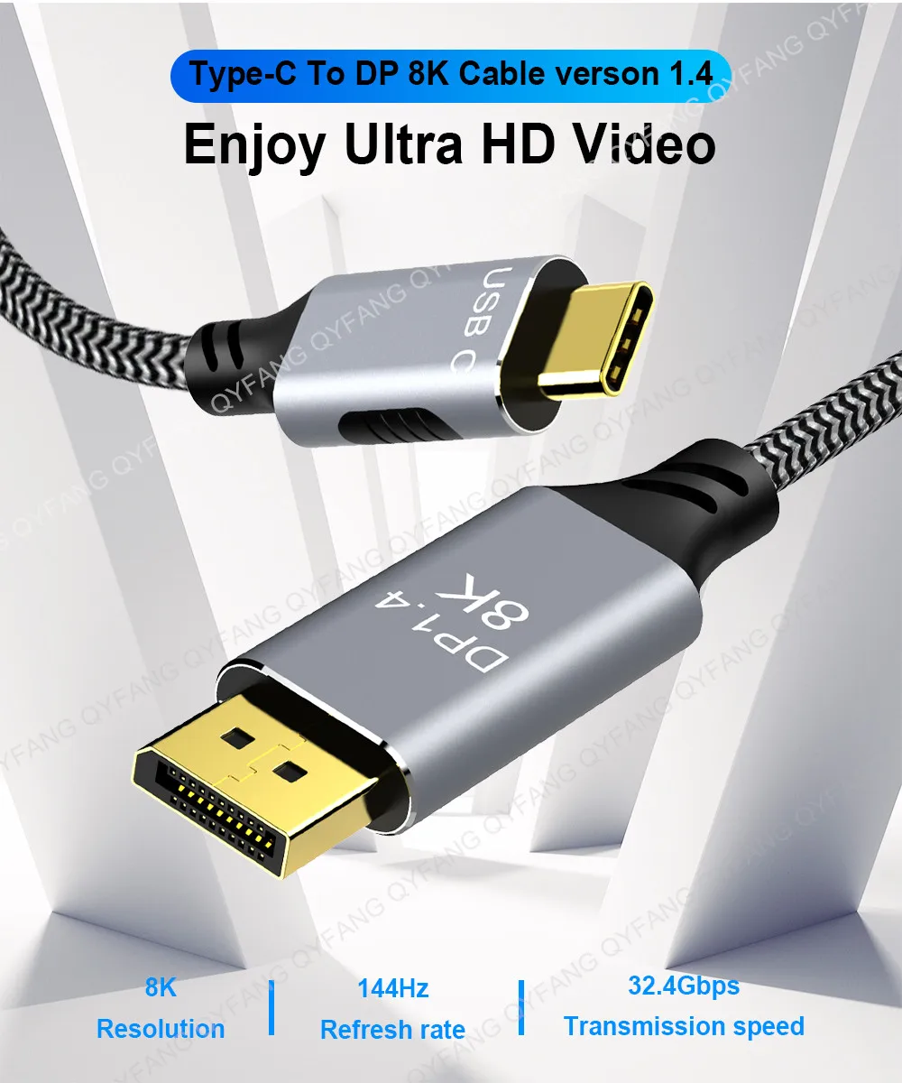 Cable USB-C a DisplayPort conectado a monitor 8K