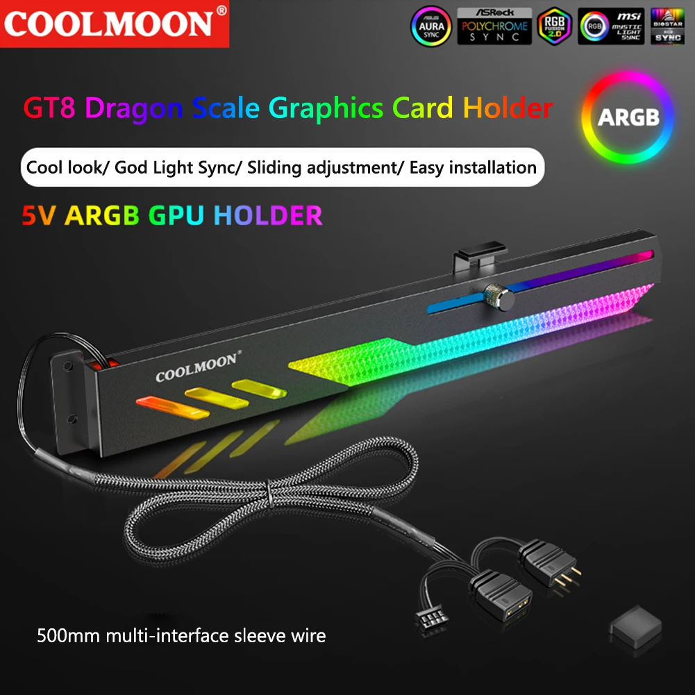 Soporte de tarjeta gráfica COOLMOON GT8 instalado en chasis horizontal mostrando iluminación ARGB