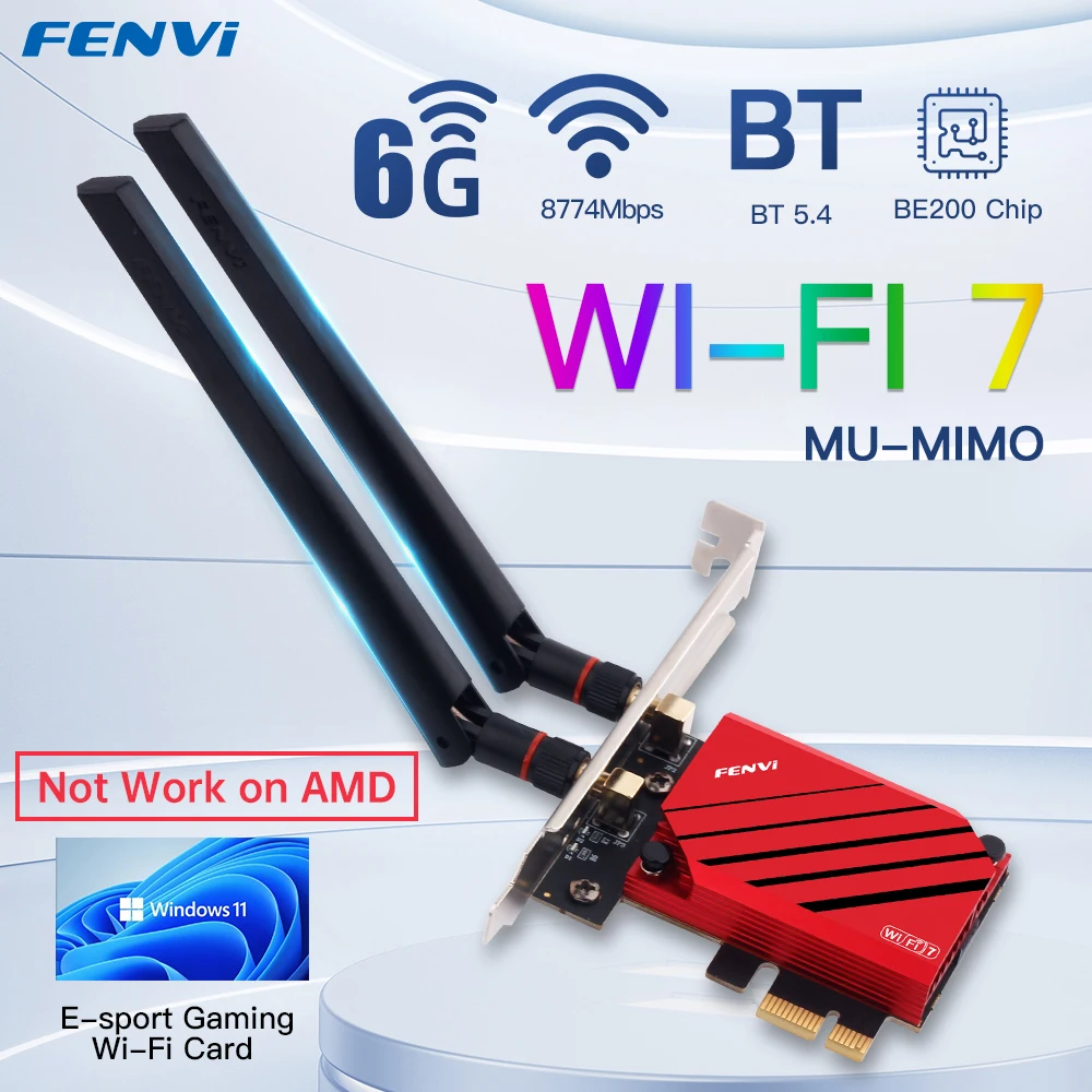 Adaptador fenvi WiFi 7 FV-BE8800 vista frontal con antenas