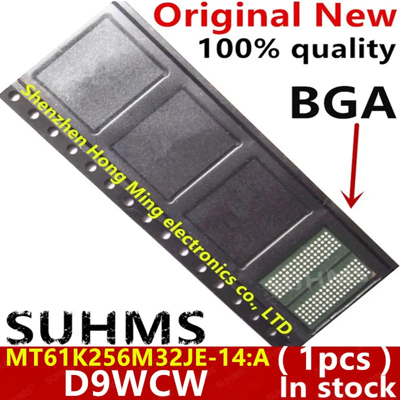 Vista frontal del chip MT61K256M32JE-14:A D9WCW BGA mostrando el encapsulado BGA y marcación