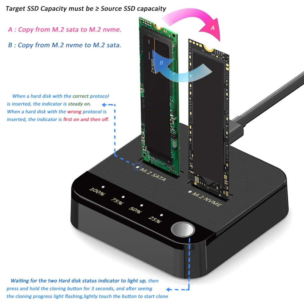 Clonador M.2 SATA/NVMe de doble bahía para disco duro con LED - imagen 3
