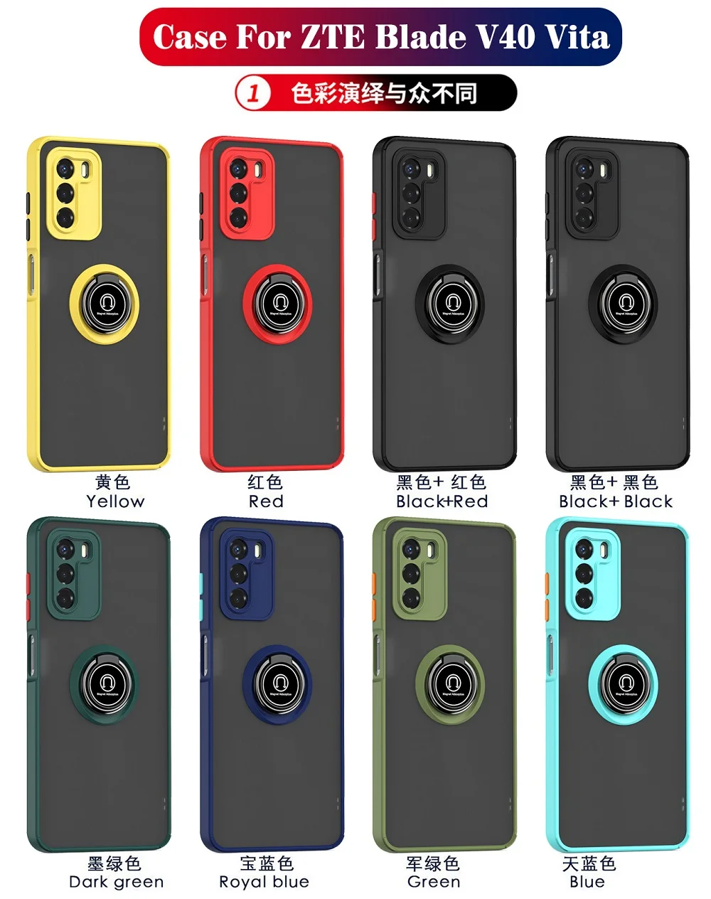 Vista frontal de la funda mostrando el diseño translúcido y el anillo de armadura