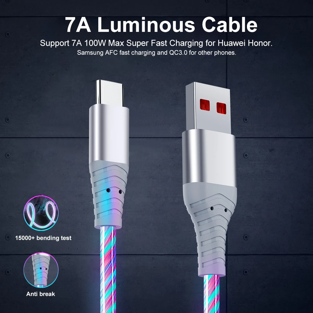 Cable LED brillante con conectores USB-C y Micro USB