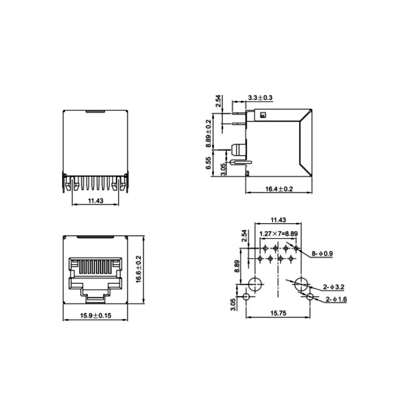 Vista frontal del conector RJ45 vertical